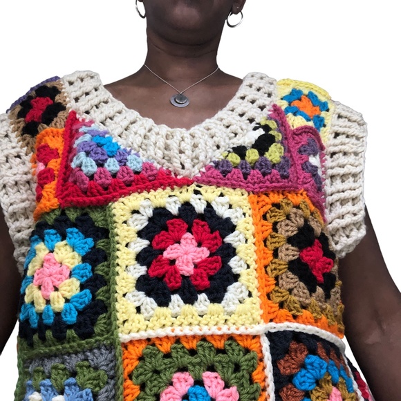 Multicolor Patchwork Oversized Chunky Crochet Pullover Sweater Vest - Picture 8 of 15